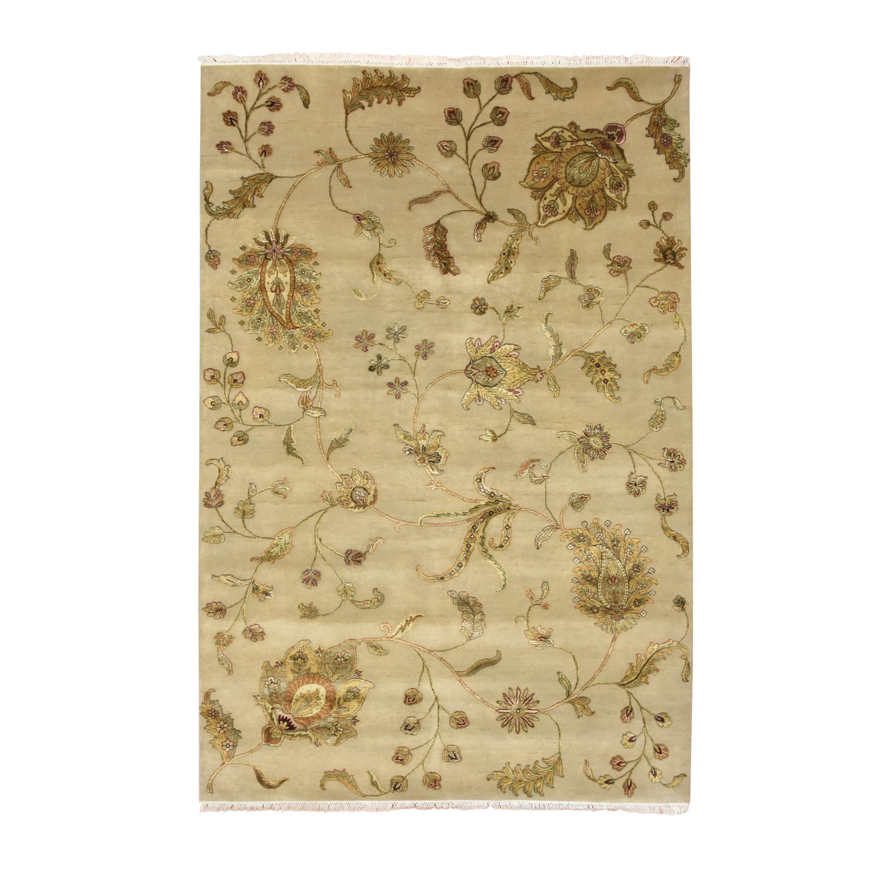 Cornstalk Brown, Hand Knotted, Half Wool and Half Silk, Borderless Botanical Design, Densely Woven, Soft Pile, Oriental Rug